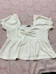 White Puff Sleeve Tie-Front Top
