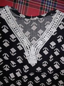 Black Kurta with White Lace Detail