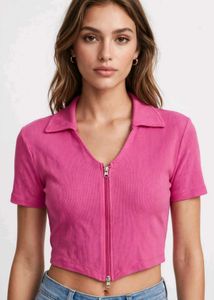 Hot Pink Cropped Zip Polo Shirt