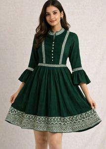 Green Embroidered Frock With Laggie