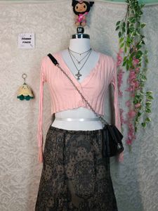 Y2K Pink Ribbed Cropped Cardigan
