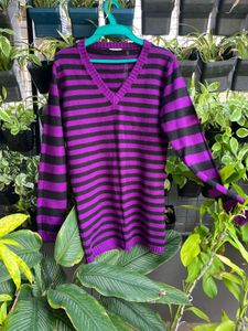 Purple & Black Striped V-Neck Sweater