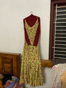 Green Floral pinafore Dress with maroon Inner top