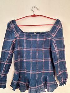 Chic Teal Plaid Smocked Peplum Top