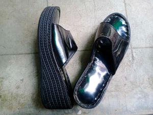 Shiny Black Slip-On Sandals