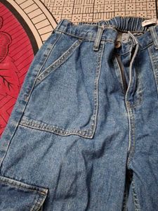 Blue Denim Wide-Leg Cargo Jeans