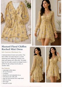 Muted Mustard Floral Ruched High-Low Mini dress