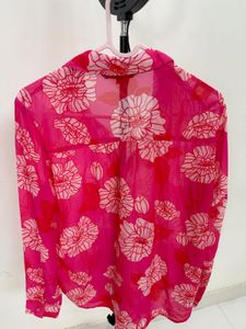 Chic Pink Floral Print Sheer Blouse