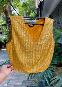 Mustard Sequin V Neck Crop Top