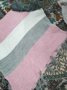 Striped Fringed Poncho with Fur Collar