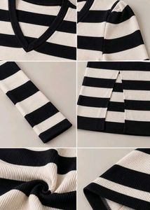 BLACK AND WHITE STRIPED RIBBED V-NECK BODYCON MIDI
