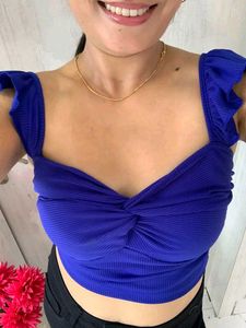 Blue Ribbed Twist Front Crop Top