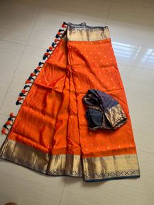 Vibrant Orange silk Saree with Blouse