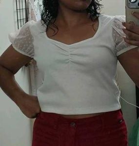 Chic White Ruched Top with Sheer Sleeves