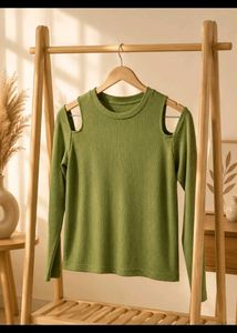 Women's Green Ribbed Cut-Out Top