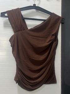 Chic Brown Ruched One-Shoulder Top
