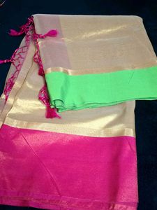 Elegant Gold Saree with Pink &amp; Green Border