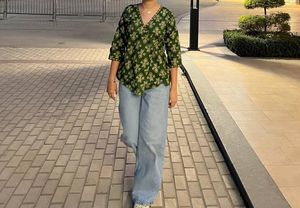 Green Floral wrap tie short Kurti 🌿