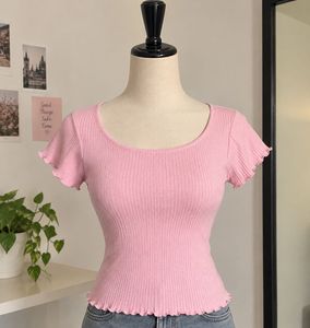 Cute Pink Ribbed Lettuce Hem Top