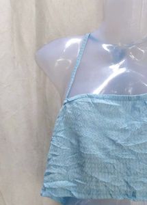 Light Blue Crinkle Halter Neck Crop Top