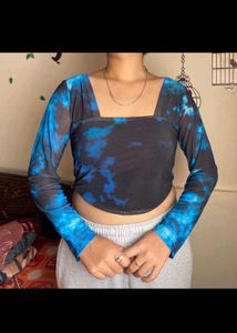 Blue Tie-Dye Mesh Long Sleeve Top
