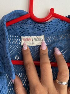 Blue Crochet Knit Button-Up Top