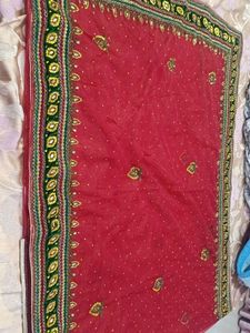 Red Embroidered Saree with Green Border