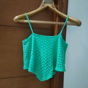 BERSHKA Green Lace Cropped Tank Top