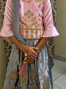 Beautiful Pink &amp; Grey Embroidered Lehenga Choli