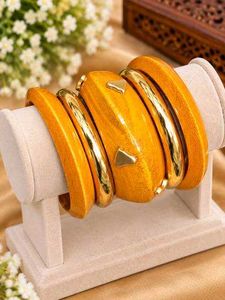 Boho Wooden & Gold Bangle Set