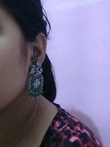 silver oxidised green earrings