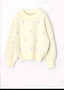 Cream Heart Pattern Fuzzy Sweater