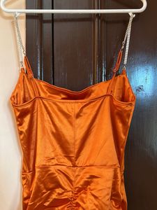 Orange Satin Slip Dress with Rhinestone Straps