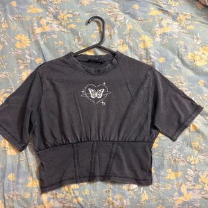 Grey Wash Corset Graphic Crop Top