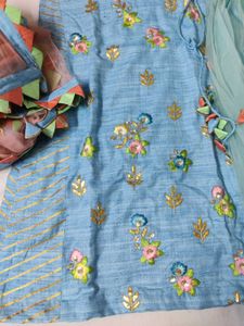Sky Blue Embroidered Kurti And Skirt Set