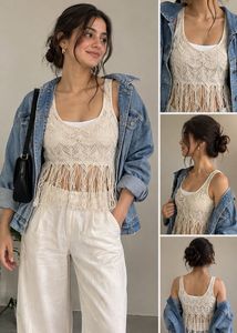 Cream Crochet Fringe Tank Top