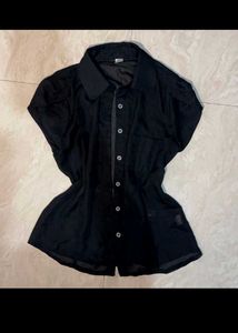Chic Black Cap Sleeve Button-Up Top
