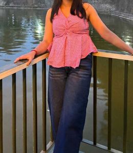 Chic Pink Gingham Twist Front Top