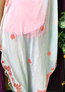 Elegant White &amp; Pink Embroidered Dupatta Scarf