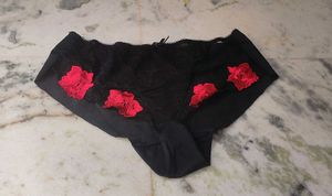Black Lace Briefs with Red Floral Applique