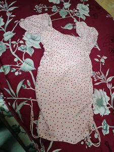 Cute Pink Polka Dot Ruched Mini Dress