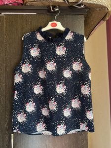 Navy Floral Sleeveless Top with Ruffle Collar