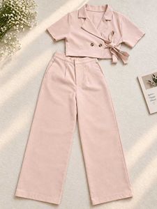 Chic Pink Cropped Blazer & Wide-Leg Pants Set
