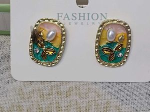 Unique Enamel Floral Earrings with Pearl Accent