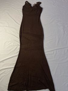 Elegant Brown Lace Trim Maxi Dress
