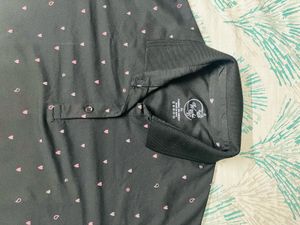Black Printed Polo T-Shirt with Pink Heart