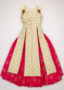 Elegant Ivory and Pink Brocade Gown