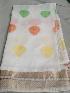 Elegant White Saree with Multi-Color Motifs