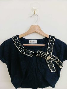 Chic Black Pearl Embellished Cropped Top