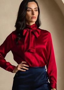 Elegant Red Satin Bow Blouse